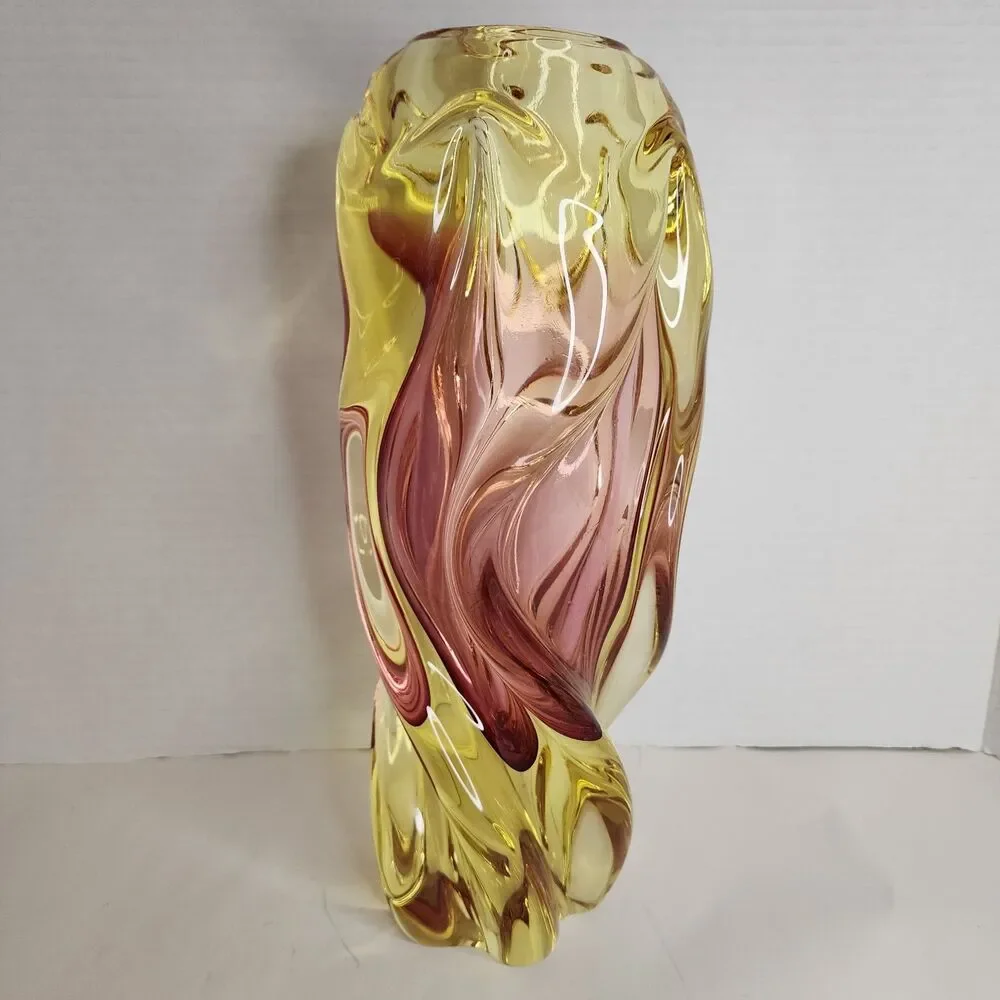 Vintage Hand Made Bohemia Glass Czech Republic Twisted Glass Vase Amber/Pink